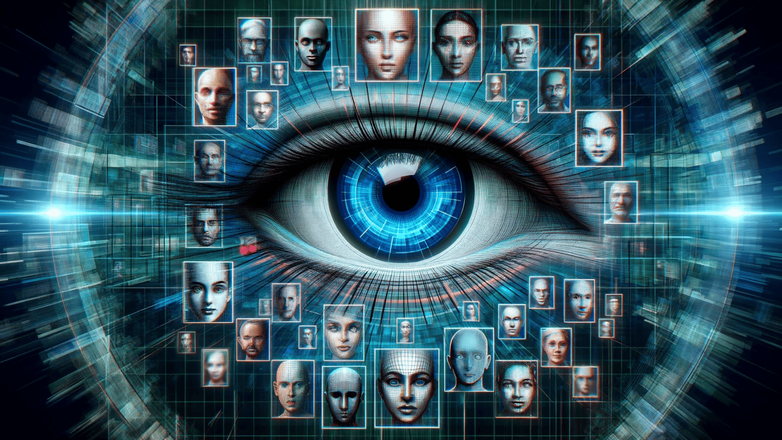 DALL·E 2023-11-10 16.23.37 - An abstract illustration of large-scale unsupervised face recognition in videos. The image should depict a grid of various digital faces, each with a