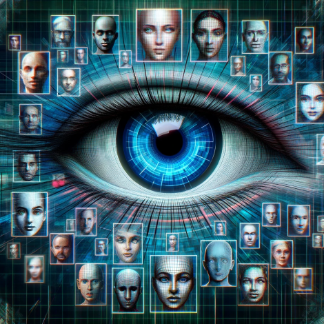 DALL·E 2023-11-10 16.23.37 - An abstract illustration of large-scale unsupervised face recognition in videos. The image should depict a grid of various digital faces, each with a