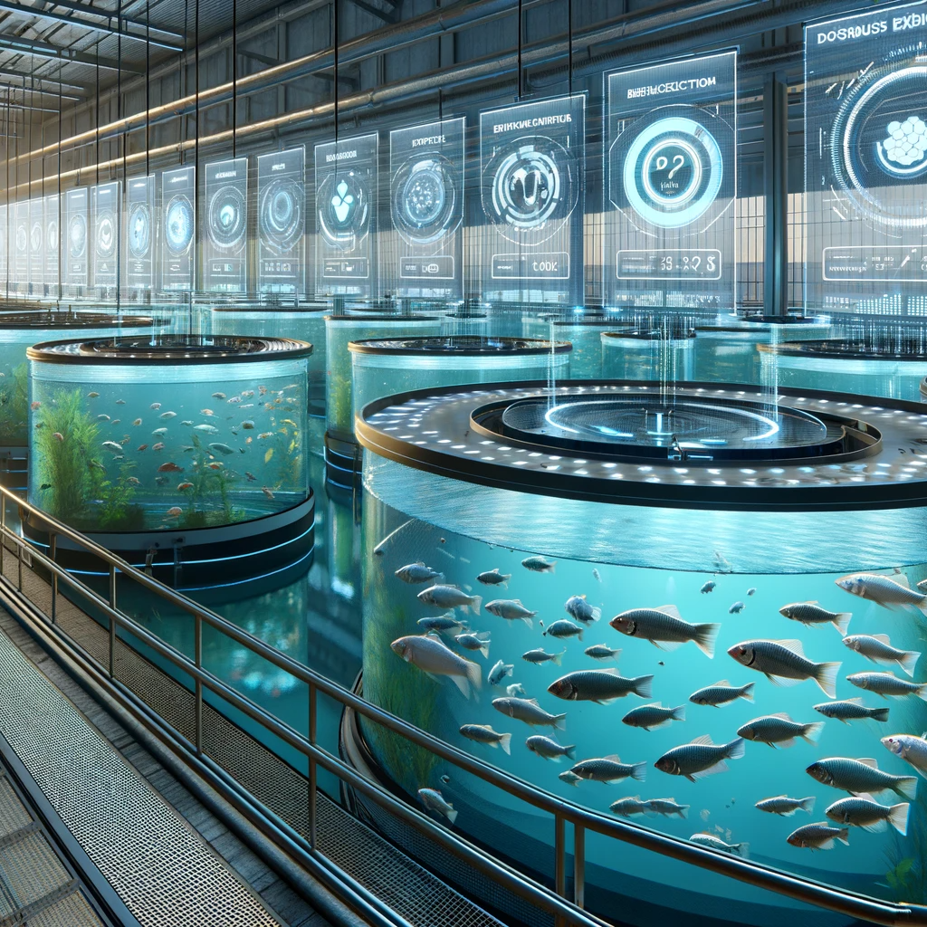 DALL·E 2023-11-30 03.08.05 - A futuristic aquaculture farm with large fish tanks containing various species of fish. The scene is equipped with advanced technology such as automat