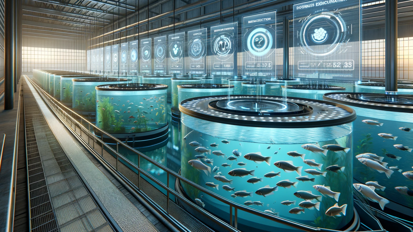 DALL·E 2023-11-30 03.08.05 - A futuristic aquaculture farm with large fish tanks containing various species of fish. The scene is equipped with advanced technology such as automat