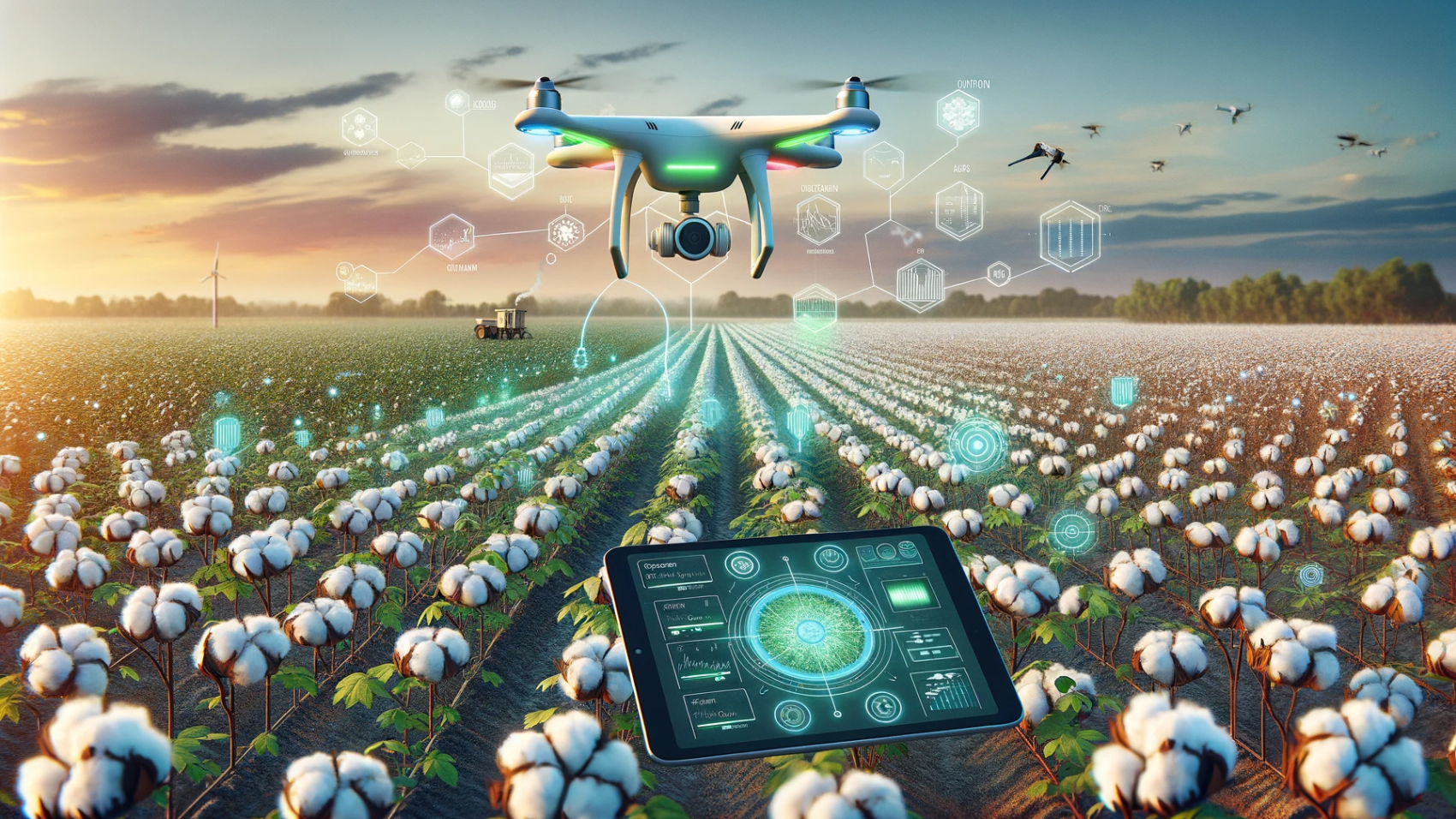 DALL·E 2023-12-01 16.04.27 - An image illustrating 'Cotton Crop Health Monitoring through Drone Imagery and IoT Sensors'. The scene should depict a drone flying over a vast cotton