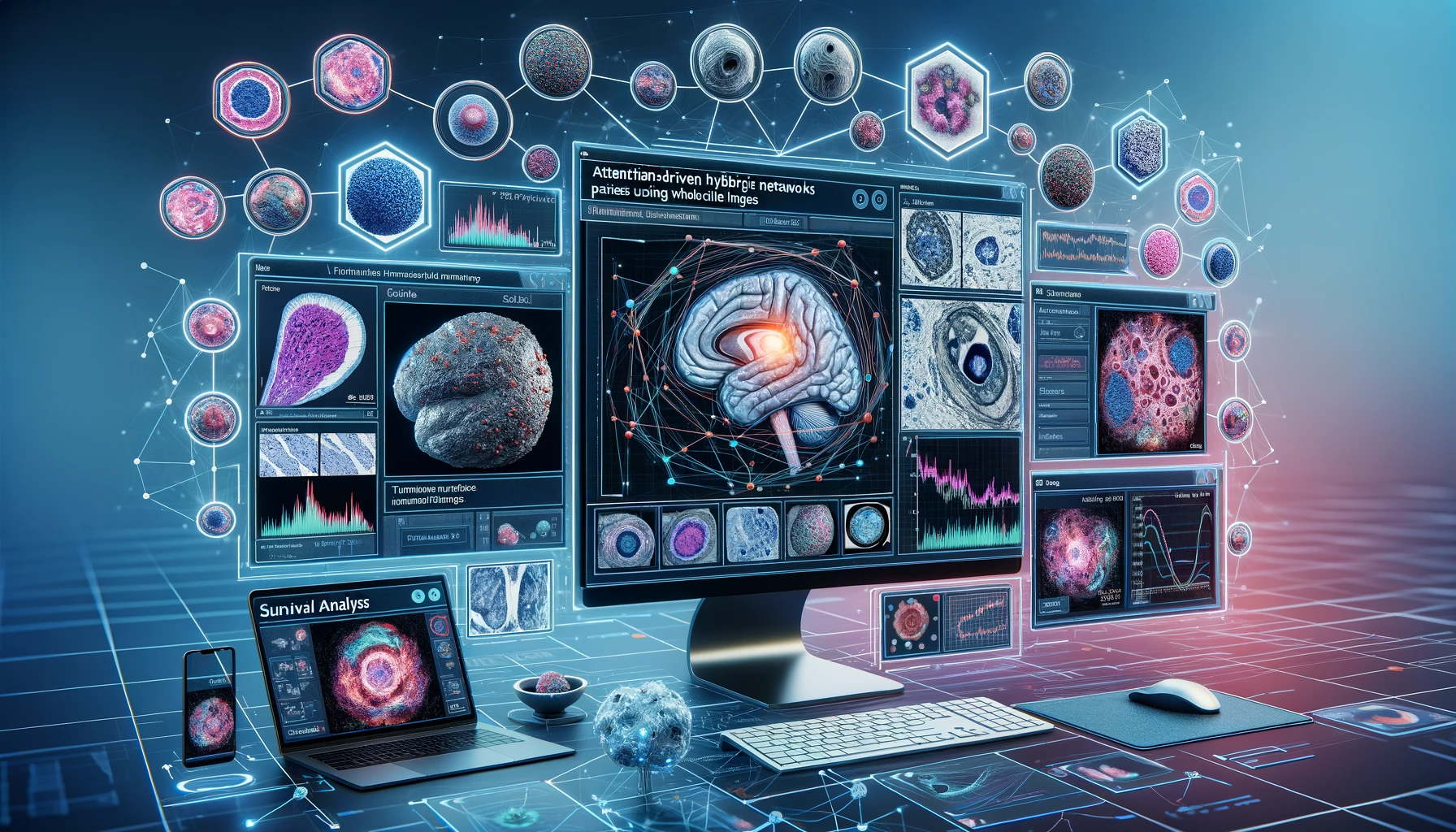 DALL·E 2024-01-12 09.14.32 - A conceptual image representing an 'Attention-Driven Hybrid Network for Survival Analysis of Tumorigenesis Patients Using Whole Slide Images'. The ima