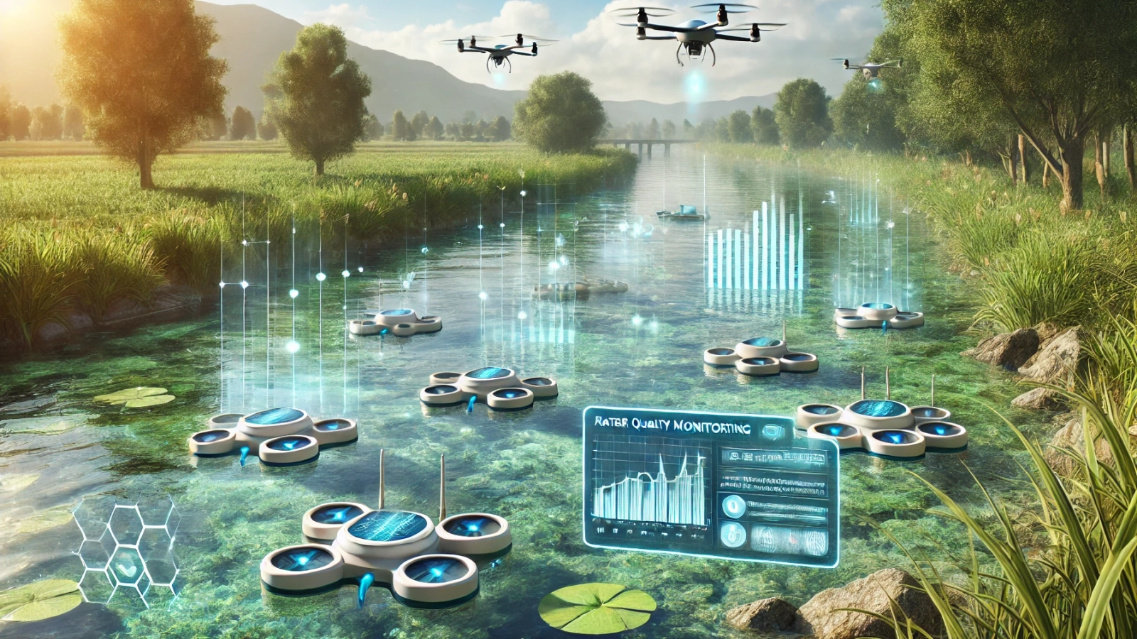 DALL·E 2024-08-12 14.37.24 - A detailed illustration of a futuristic water quality monitoring system in a natural environment. The scene includes a river with crystal-clear water,