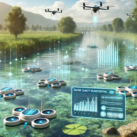 DALL·E 2024-08-12 14.37.24 - A detailed illustration of a futuristic water quality monitoring system in a natural environment. The scene includes a river with crystal-clear water,