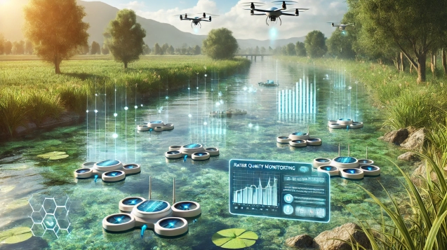 DALL·E 2024-08-12 14.37.24 - A detailed illustration of a futuristic water quality monitoring system in a natural environment. The scene includes a river with crystal-clear water,
