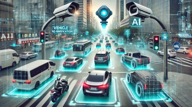 DALL·E 2024-08-14 05.42.27 - A high-tech, futuristic scene showcasing vehicle re-identification in a busy urban environment for visual surveillance. The image features multiple ve